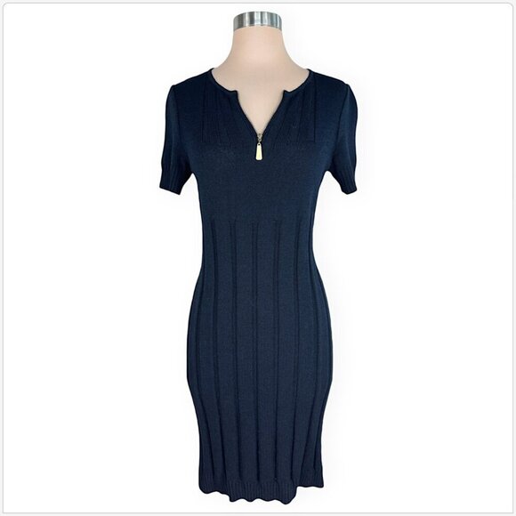 St. John Sport Navy Blue Ribbed Knit Short Sleeve Zipper Neckline Dress P Petite - Picture 1 of 4